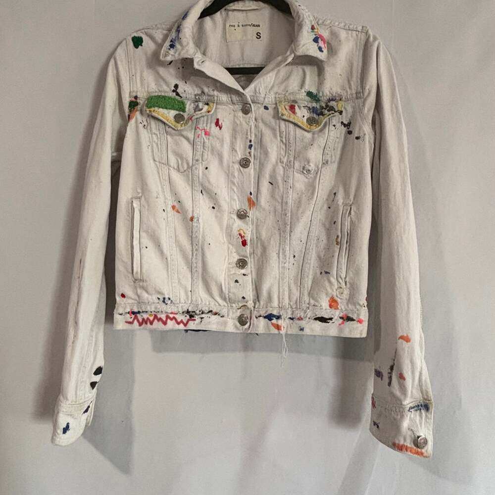 Rag & Bone Cream Paint Splatter Boyfriend Denim Jacket